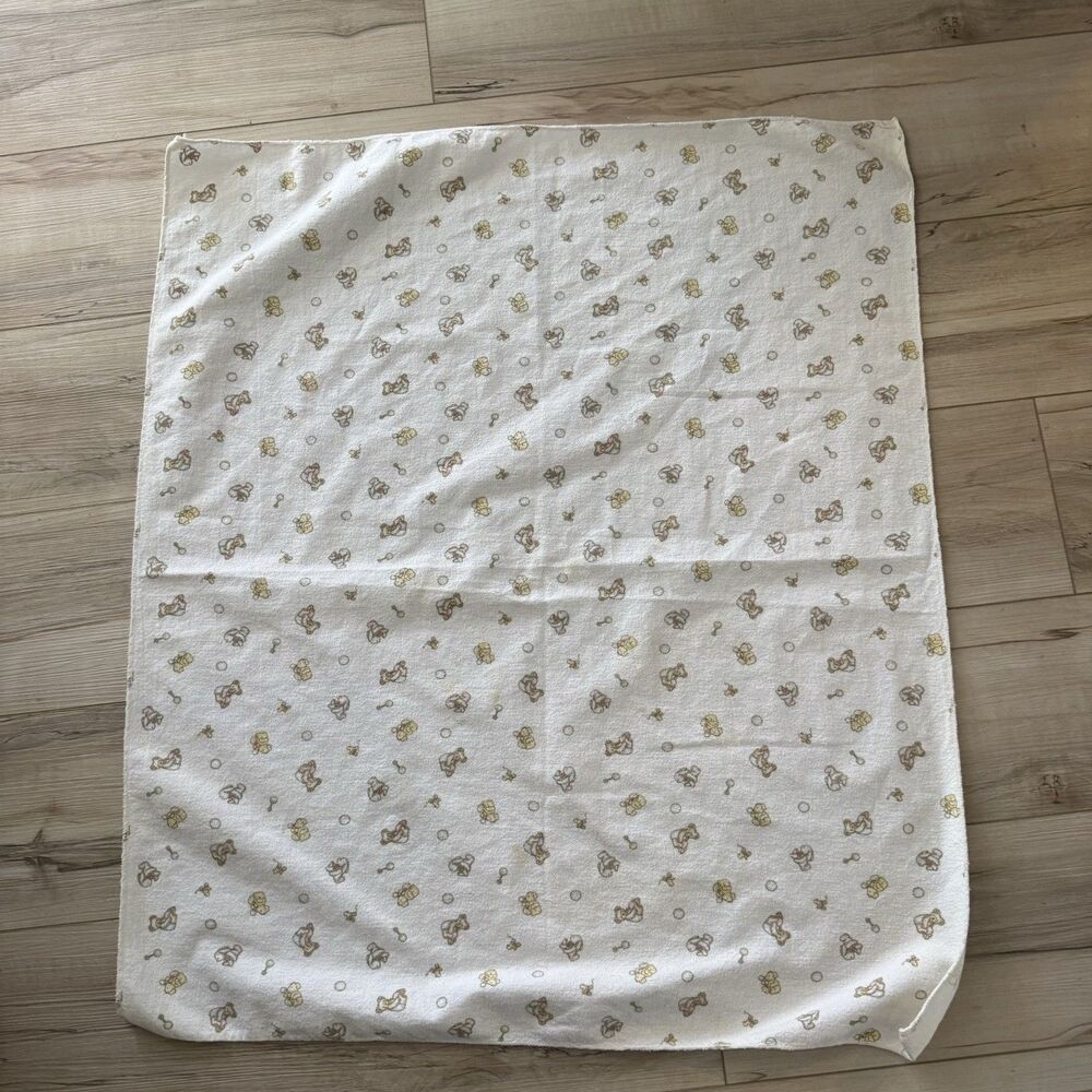Vintage Carters Baby Flannel Receiving Blanket Teddy Bears In Jeans Print